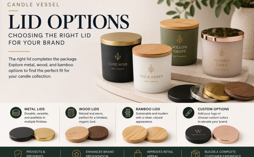 Display of luxury soy candles with various lid options including metal, wood, and bamboo finishes, showing customization choices for candle jar decorating and brand branding