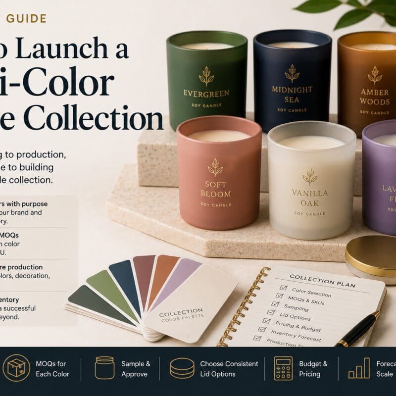 Strategic guide displaying six branded soy candles in various colors with a collection color palette, planning notebook, and lid samples arranged on a marble surface