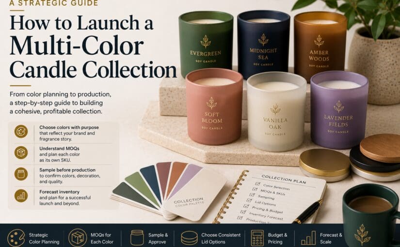 Strategic guide displaying six branded soy candles in various colors with a collection color palette, planning notebook, and lid samples arranged on a marble surface