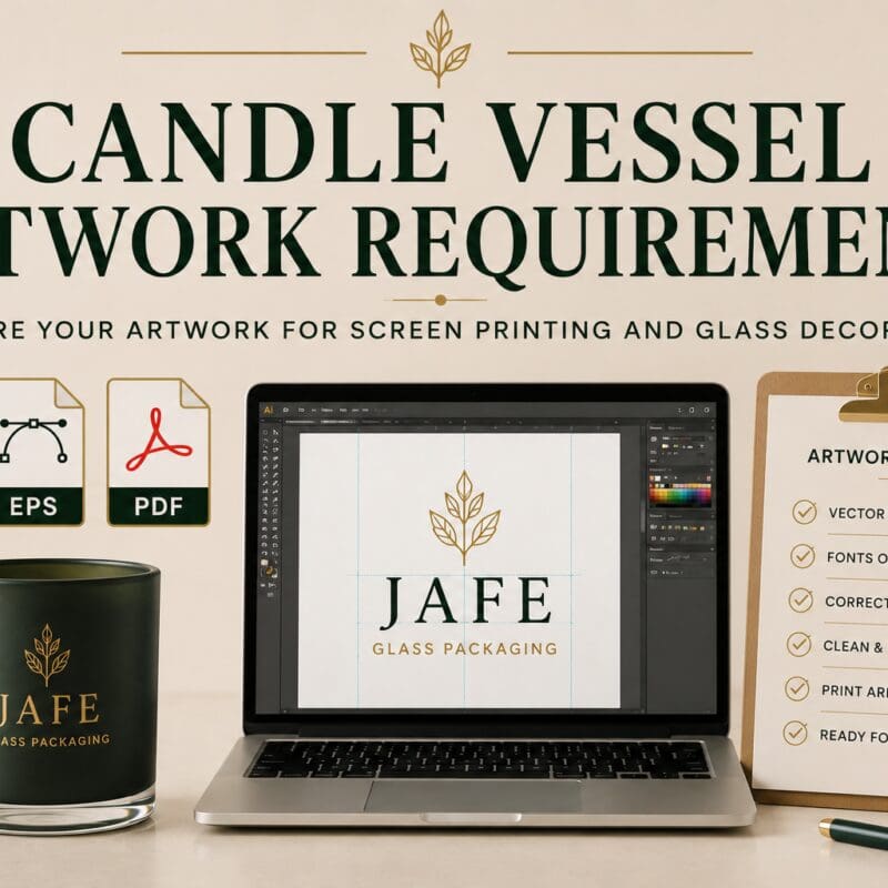 Candle vessel artwork requirements guide showing file formats, laptop with design software, decorated green glass jar, and checklist for screen printing and glass decoration preparation