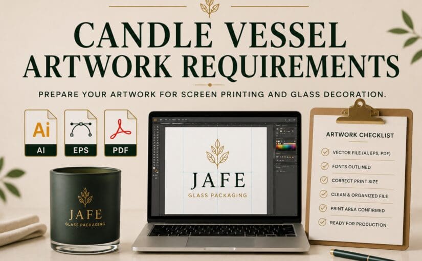Candle vessel artwork requirements guide showing file formats, laptop with design software, decorated green glass jar, and checklist for screen printing and glass decoration preparation