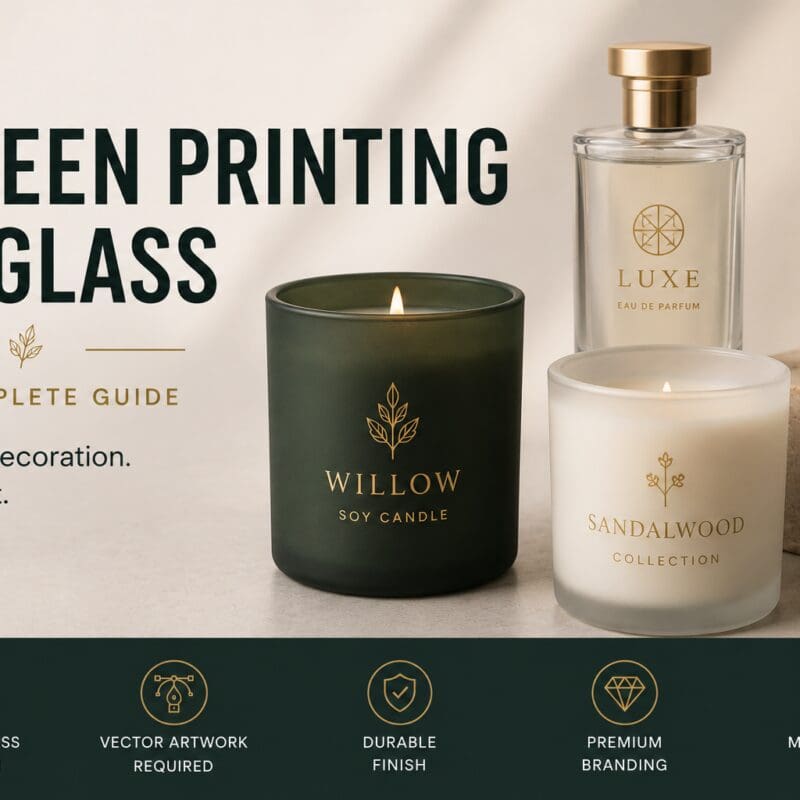 Screen printed luxury candles and perfume bottles featuring gold foil designs including willow soy candle, sandalwood collection, luxe eau de parfum, and oak & ember bourbon whiskey bottles displayed on marble surface