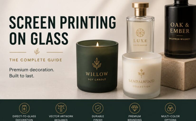 Screen printed luxury candles and perfume bottles featuring gold foil designs including willow soy candle, sandalwood collection, luxe eau de parfum, and oak & ember bourbon whiskey bottles displayed on marble surface