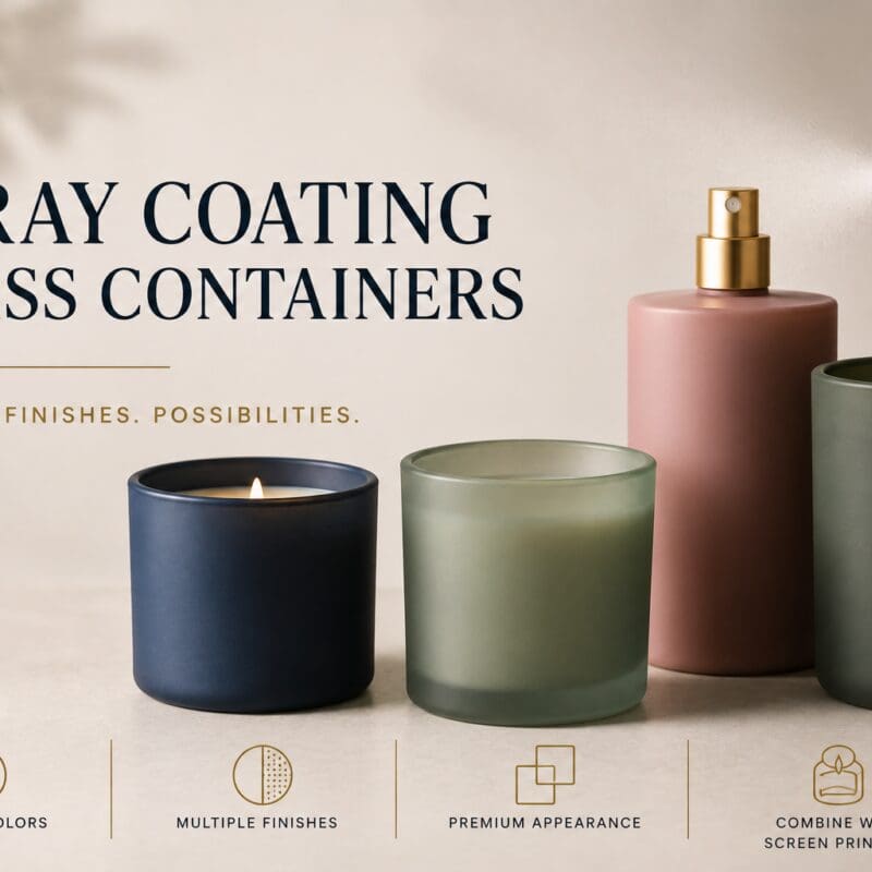 Four spray-coated glass containers in navy, sage green, mauve, and dark green displaying custom finishes for candles and perfume bottles with icons showing custom colors, multiple finishes, premium appearance, and screen printing options