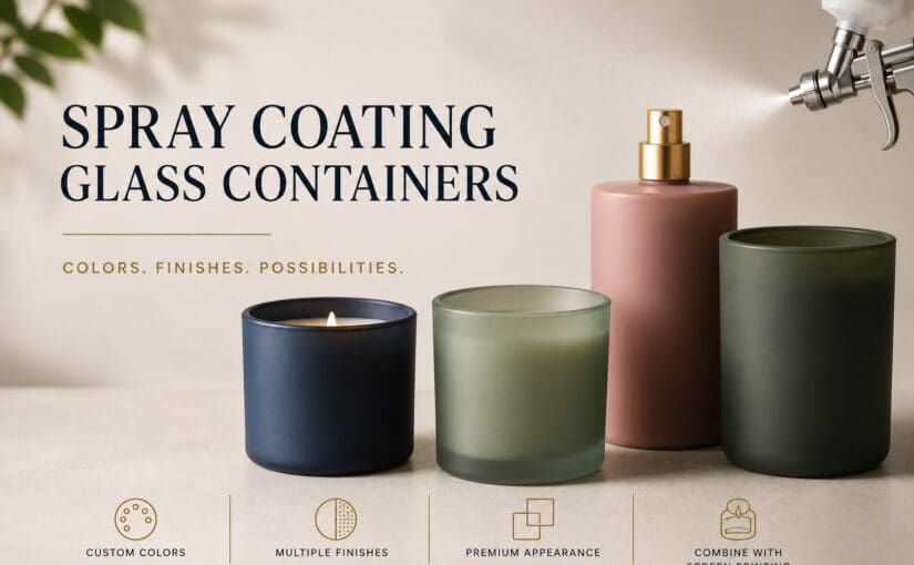Four spray-coated glass containers in navy, sage green, mauve, and dark green displaying custom finishes for candles and perfume bottles with icons showing custom colors, multiple finishes, premium appearance, and screen printing options