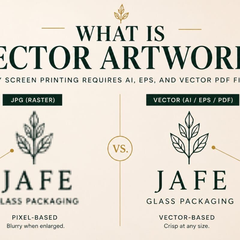 Comparison chart showing JPG raster versus vector artwork for glass screen printing, illustrating pixelation versus crisp resolution at any size