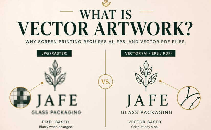Comparison chart showing JPG raster versus vector artwork for glass screen printing, illustrating pixelation versus crisp resolution at any size