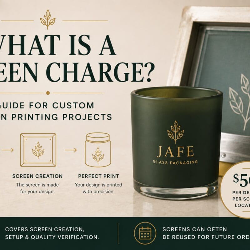 Infographic explaining screen charges for custom screen printing on glass products like candles and jars, showing $50 per design per screen location with three-step process and reusable screens