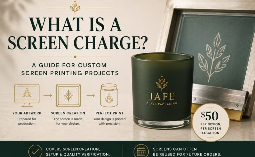 Infographic explaining screen charges for custom screen printing on glass products like candles and jars, showing $50 per design per screen location with three-step process and reusable screens