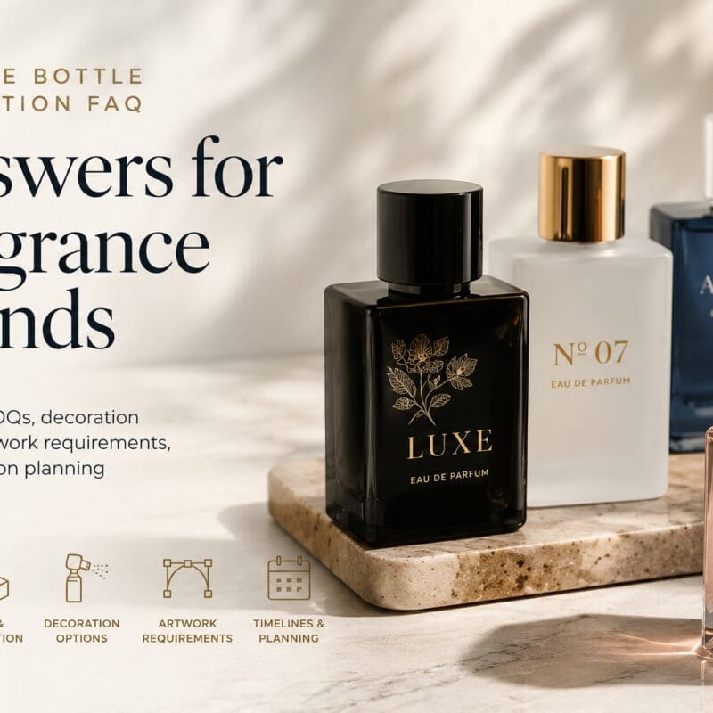 Three luxury perfume bottles displayed on marble surface with gold and black caps, accompanied by FAQ text about fragrance bottle decoration, sampling, MOQs, and production planning