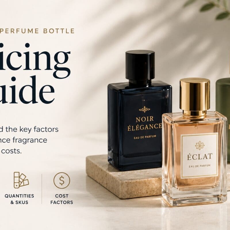 Custom perfume bottle pricing guide displaying three decorated eau de parfum bottles with gold and black labels on marble surface, highlighting decoration methods, quantities, and cost factors