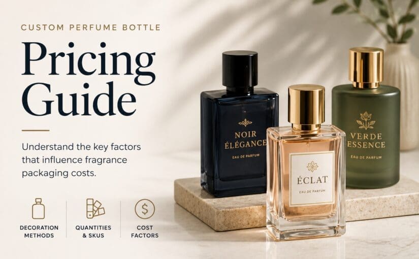 Custom perfume bottle pricing guide displaying three decorated eau de parfum bottles with gold and black labels on marble surface, highlighting decoration methods, quantities, and cost factors