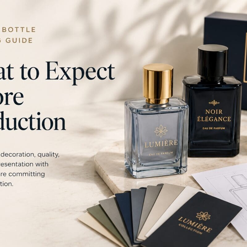 Perfume bottle sampling guide displaying three decorated glass bottles with gold accents, color swatches, packaging designs, and product mockups on marble surface
