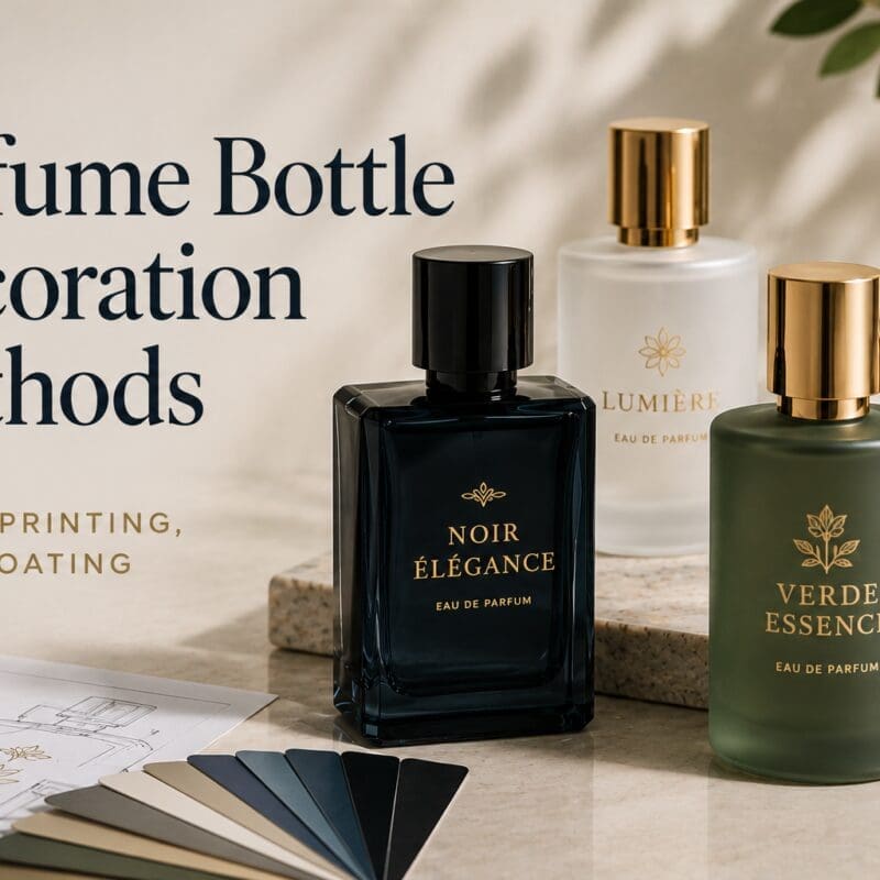 Luxury perfume bottles with gold accents and botanical designs displayed with design sketches and color swatches, showcasing glass screen printing and bottle decoration methods