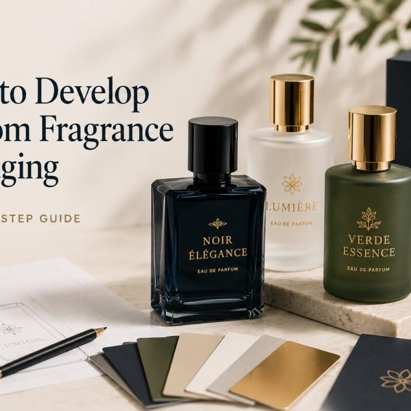 Luxury fragrance packaging display featuring three decorated perfume bottles with gold accents, color swatches, design sketches, and branded boxes arranged on marble surface