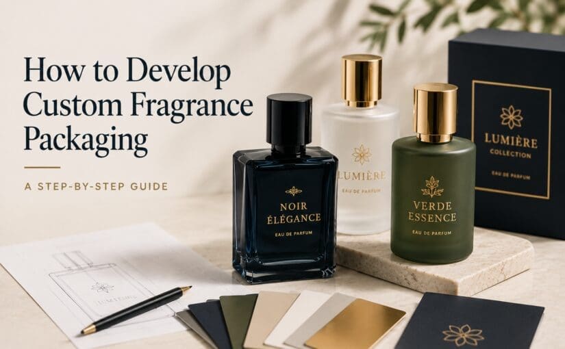 Luxury fragrance packaging display featuring three decorated perfume bottles with gold accents, color swatches, design sketches, and branded boxes arranged on marble surface