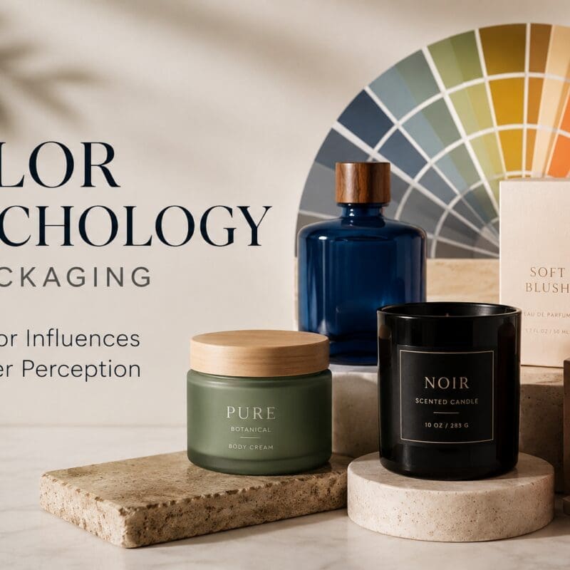Luxury product packaging display featuring colored glass bottles, scented candles, and cosmetic jars arranged with a color wheel palette behind them, illustrating color psychology in branding and packaging design