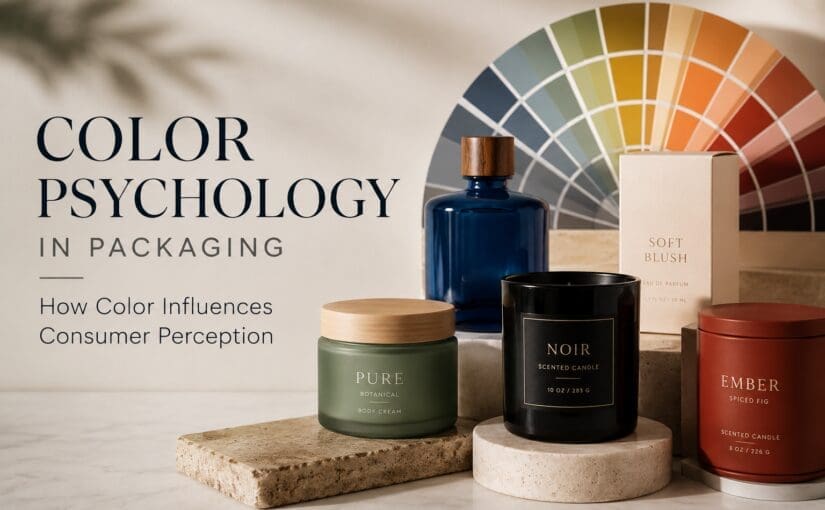 Luxury product packaging display featuring colored glass bottles, scented candles, and cosmetic jars arranged with a color wheel palette behind them, illustrating color psychology in branding and packaging design