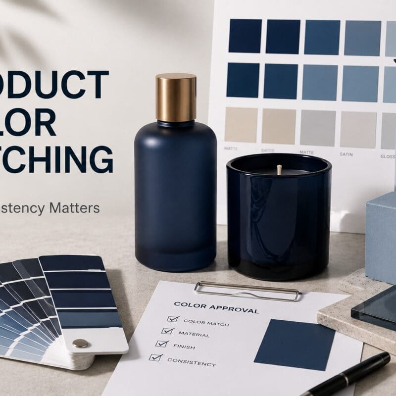 Brand color matching display with navy bottles, black candle jar, light blue pump dispenser, color swatches, and approval checklist for product consistency