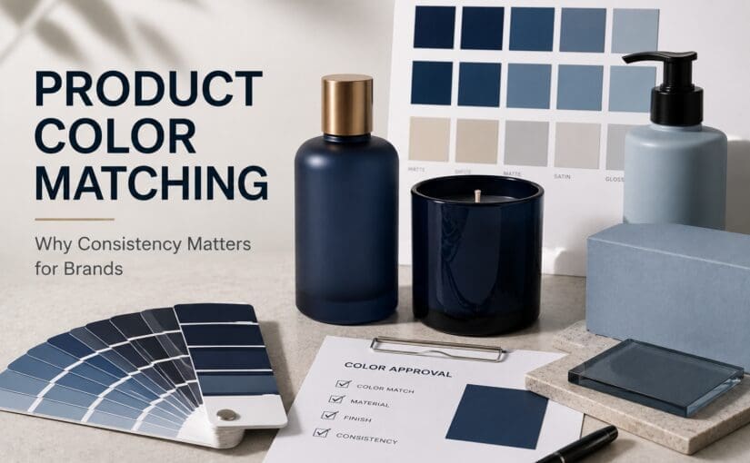 Brand color matching display with navy bottles, black candle jar, light blue pump dispenser, color swatches, and approval checklist for product consistency
