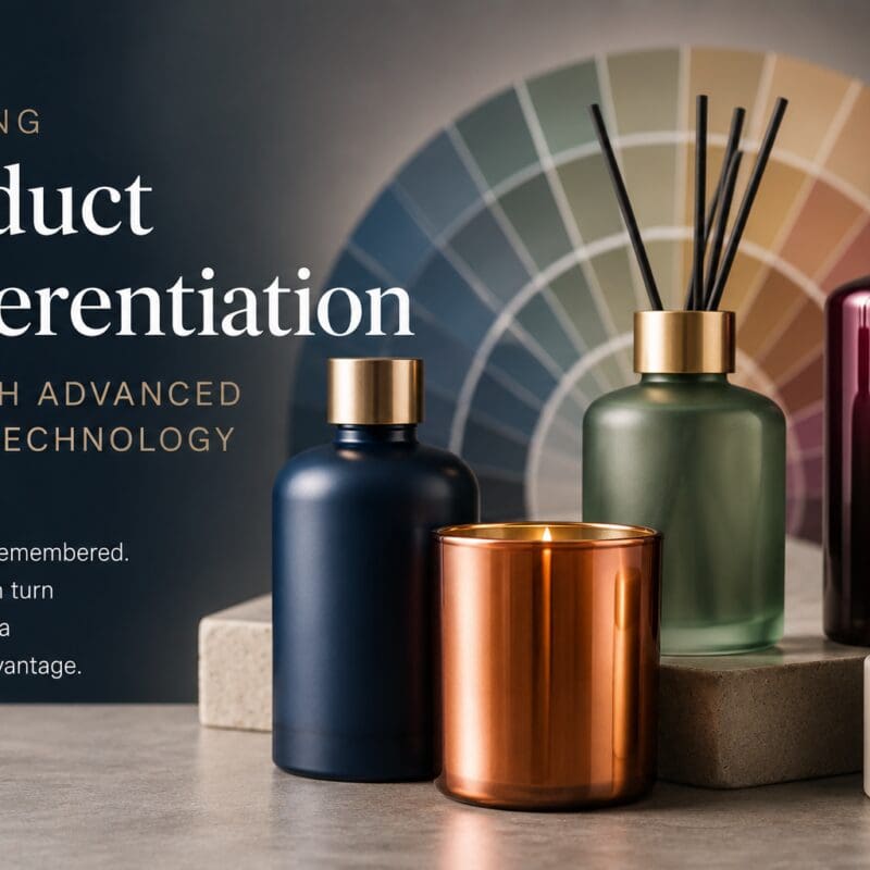 Luxury glass bottles and candle jars in navy, copper, sage green and burgundy with gold accents displayed against a color palette wheel, showcasing advanced decorating and finishing techniques