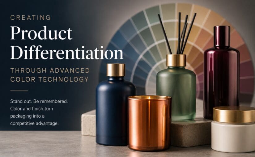 Luxury glass bottles and candle jars in navy, copper, sage green and burgundy with gold accents displayed against a color palette wheel, showcasing advanced decorating and finishing techniques