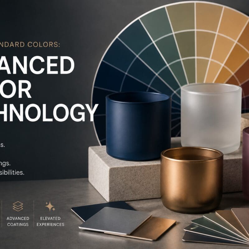 Four decorative candle jars and glass containers in navy, frosted, bronze, and burgundy finishes displayed on a concrete block with a color wheel and paint swatches showcasing advanced coating technology and custom color options