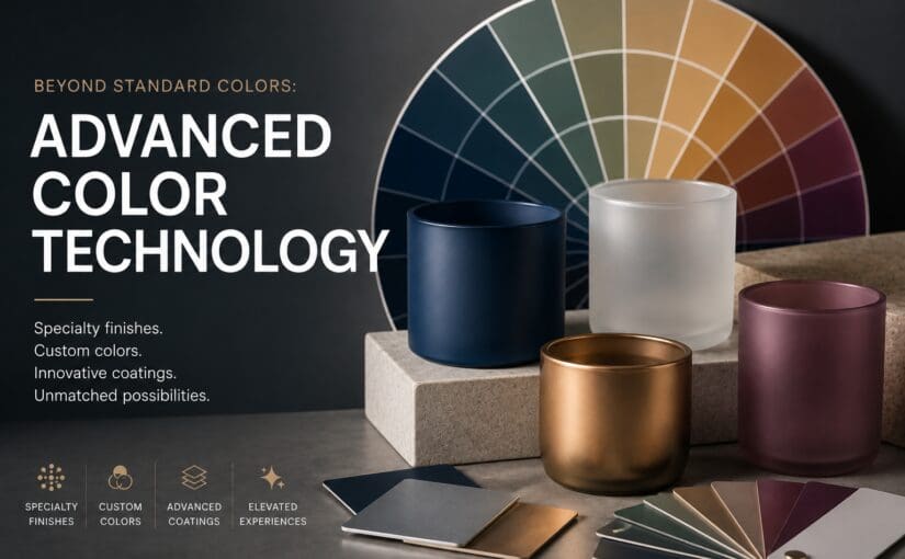 Four decorative candle jars and glass containers in navy, frosted, bronze, and burgundy finishes displayed on a concrete block with a color wheel and paint swatches showcasing advanced coating technology and custom color options