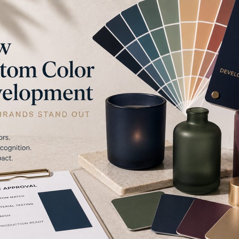 Custom color palette display with decorated glass candle jars and bottles showcasing brand development options for glass decorating and candle fulfillment services