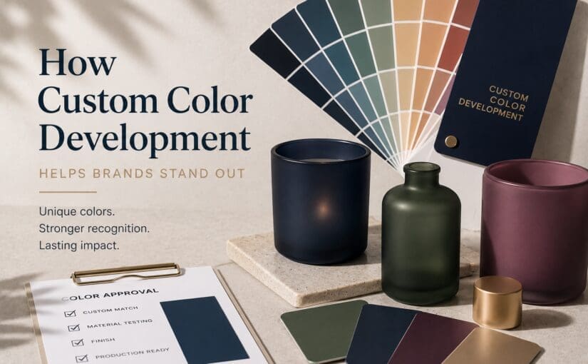 Custom color palette display with decorated glass candle jars and bottles showcasing brand development options for glass decorating and candle fulfillment services
