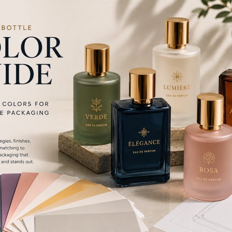 Five perfume bottles in assorted colors with gold caps displayed on marble surface alongside a color palette fan showing fragrance packaging design options