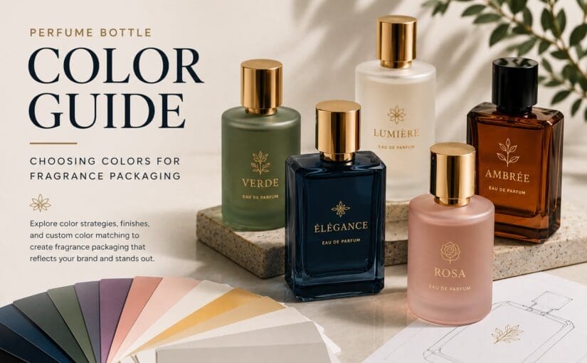 Five perfume bottles in assorted colors with gold caps displayed on marble surface alongside a color palette fan showing fragrance packaging design options