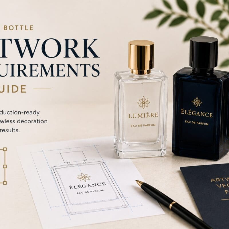 Perfume bottle artwork requirements guide showing two decorated eau de parfum bottles, design sketches, and artwork vector files for glass screen printing and bottle decorating services