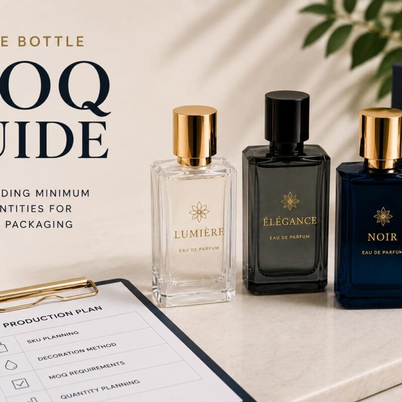 Three elegant eau de parfum bottles labeled Lumière, Élégance, and Noir displayed next to a production plan clipboard for fragrance packaging and MOQ guide