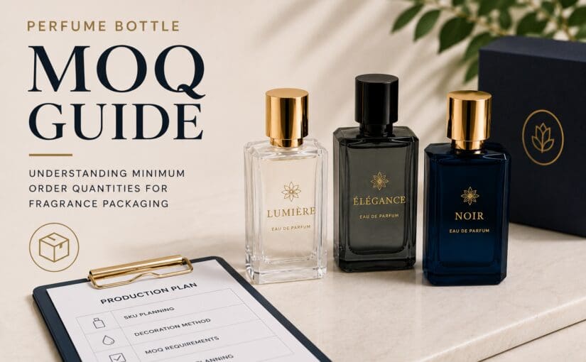 Three elegant eau de parfum bottles labeled Lumière, Élégance, and Noir displayed next to a production plan clipboard for fragrance packaging and MOQ guide
