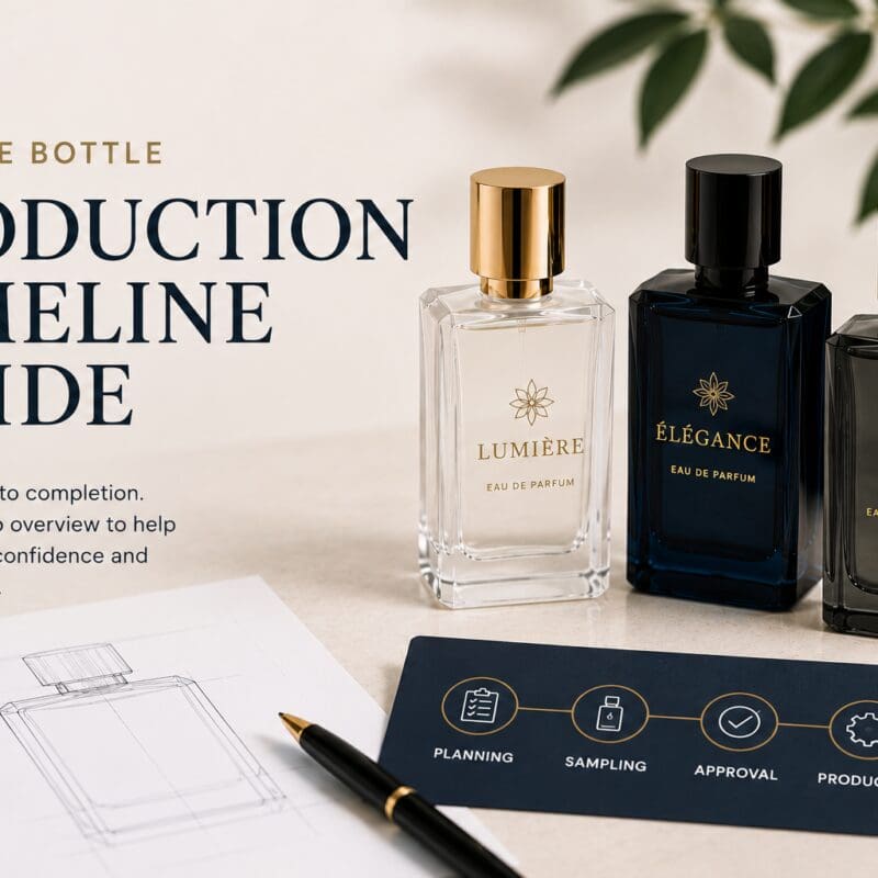 Three elegant perfume bottles with gold and black caps displayed next to a production timeline guide showing planning, sampling, approval, production, and delivery stages, with bottle design sketches and a pen