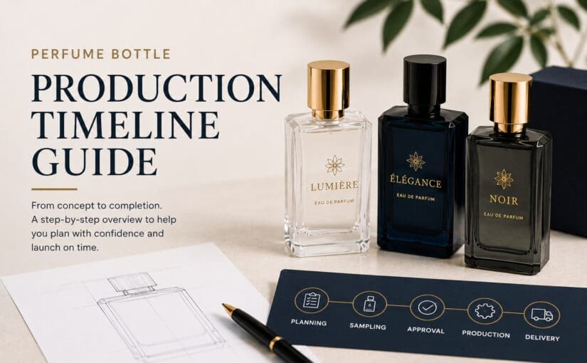 Three elegant perfume bottles with gold and black caps displayed next to a production timeline guide showing planning, sampling, approval, production, and delivery stages, with bottle design sketches and a pen