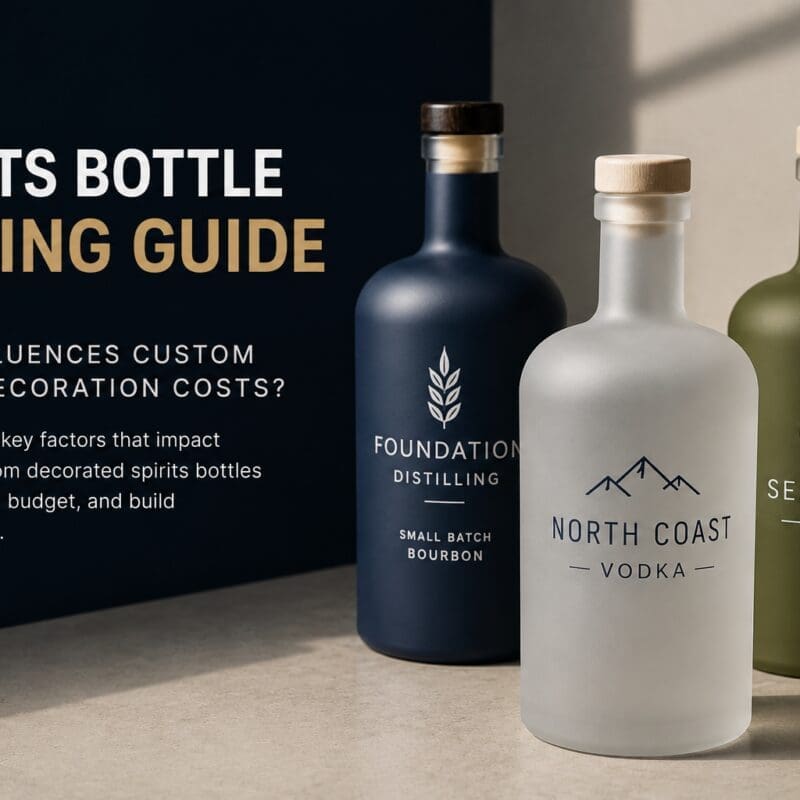 Three custom decorated spirits bottles displaying branded labels for Foundation Distilling bourbon, North Coast vodka, and Seaward gin, with pricing guide text about bottle decoration costs