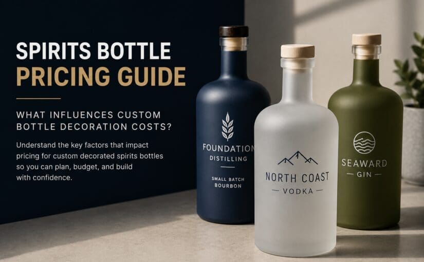 Three custom decorated spirits bottles displaying branded labels for Foundation Distilling bourbon, North Coast vodka, and Seaward gin, with pricing guide text about bottle decoration costs