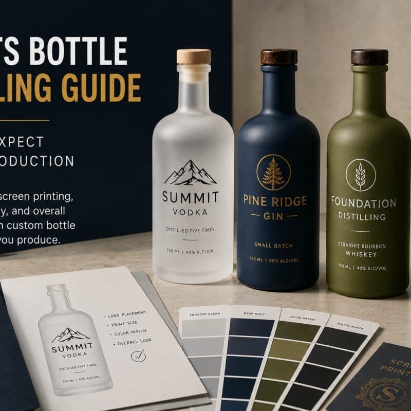 Spirits bottle sampling guide displaying four labeled bottles with color swatches and screen printing samples for pre-production evaluation of glass decorating and labeling designs
