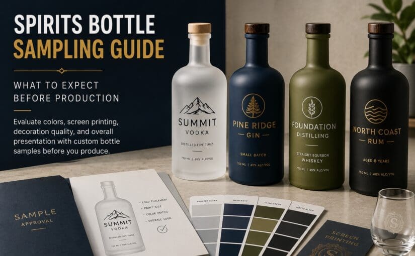 Spirits bottle sampling guide displaying four labeled bottles with color swatches and screen printing samples for pre-production evaluation of glass decorating and labeling designs