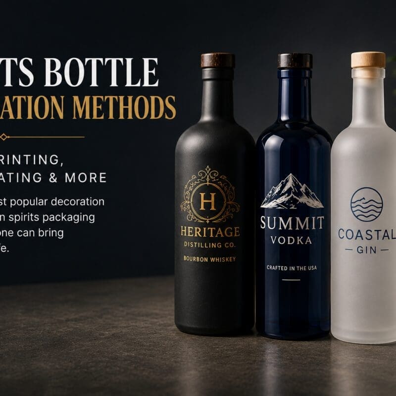 Four decorated spirits bottles showcasing different label designs including bourbon whiskey, vodka, gin, and tequila with various printing and coating techniques