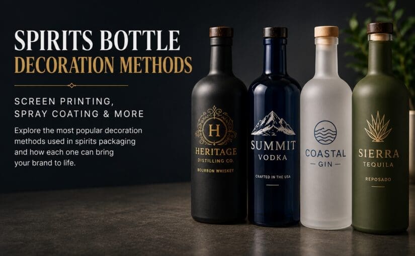 Four decorated spirits bottles showcasing different label designs including bourbon whiskey, vodka, gin, and tequila with various printing and coating techniques