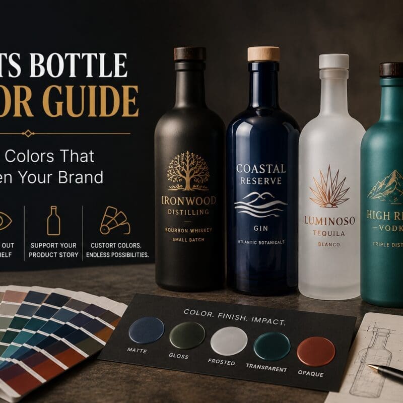 Spirits bottle color guide displaying five branded liquor bottles in different colors with finish samples, color palette swatches, and branding strategy notes for glass decorating and custom spirits packaging