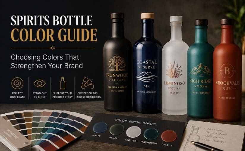Spirits bottle color guide displaying five branded liquor bottles in different colors with finish samples, color palette swatches, and branding strategy notes for glass decorating and custom spirits packaging