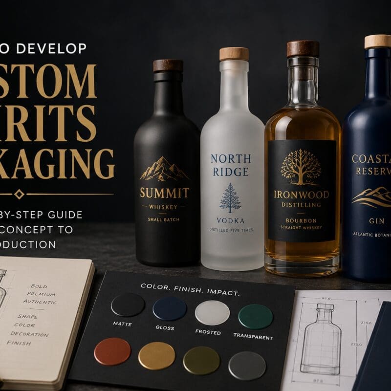 Five custom spirit bottles displayed with design sketches, finish samples showing matte, gloss, and frosted options, and packaging development materials for whiskey, vodka, gin, and tequila brands