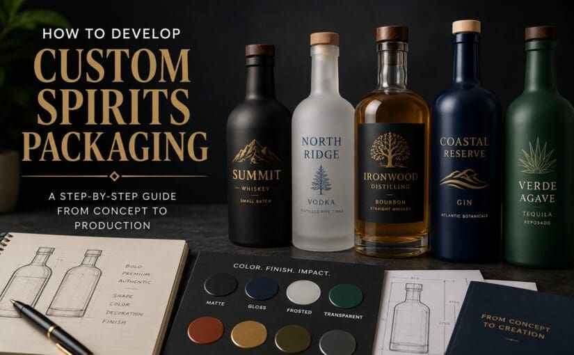 Five custom spirit bottles displayed with design sketches, finish samples showing matte, gloss, and frosted options, and packaging development materials for whiskey, vodka, gin, and tequila brands