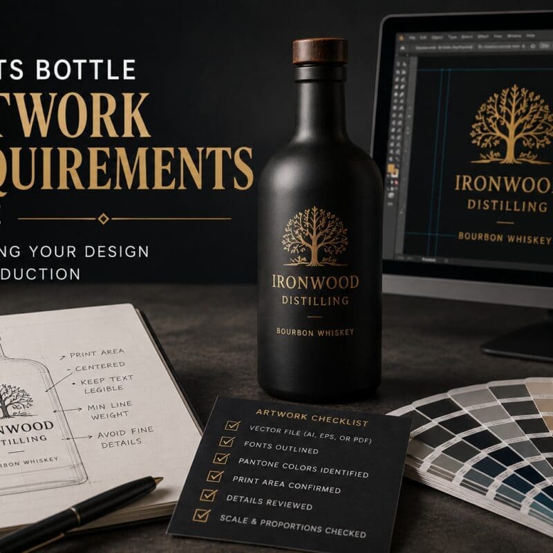 Spirits bottle artwork requirements guide displaying design sketches, Ironwood Distilling bourbon whiskey bottle, computer screen with label design, Pantone color swatches, and artwork checklist for glass screen printing production