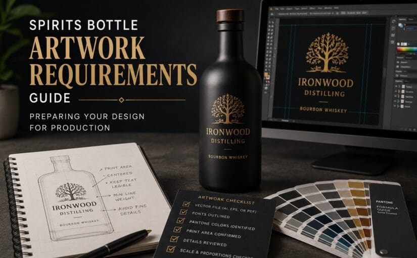 Spirits bottle artwork requirements guide displaying design sketches, Ironwood Distilling bourbon whiskey bottle, computer screen with label design, Pantone color swatches, and artwork checklist for glass screen printing production