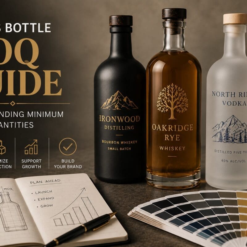 Three spirits bottles displayed with planning materials, color swatches, and design notes illustrating a spirits bottle MOQ guide for understanding minimum order quantities